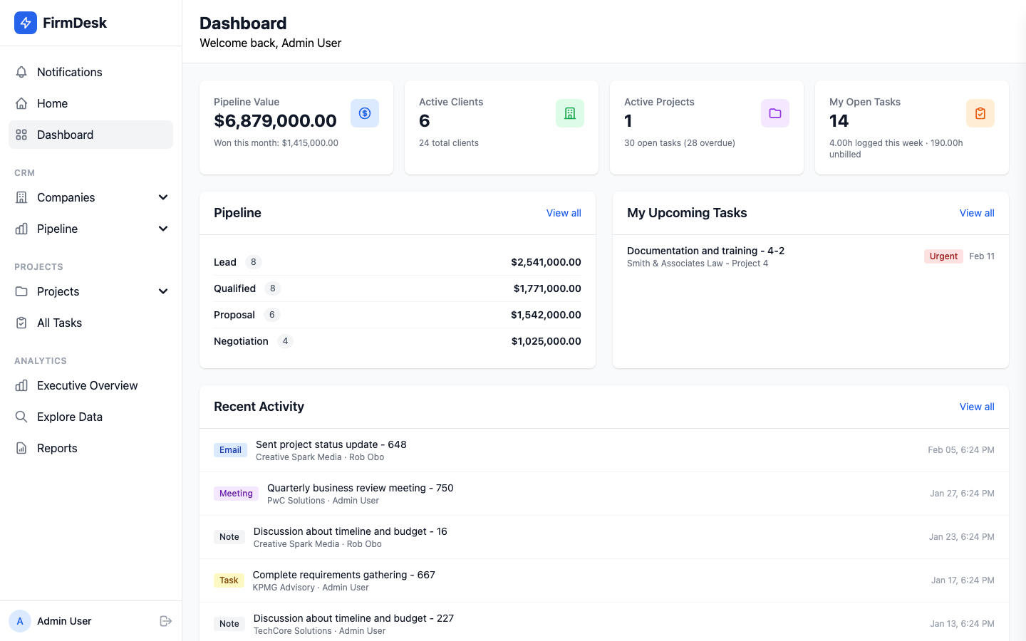 FirmDesk CRM Dashboard showing pipeline value, active clients, projects, and recent activity
