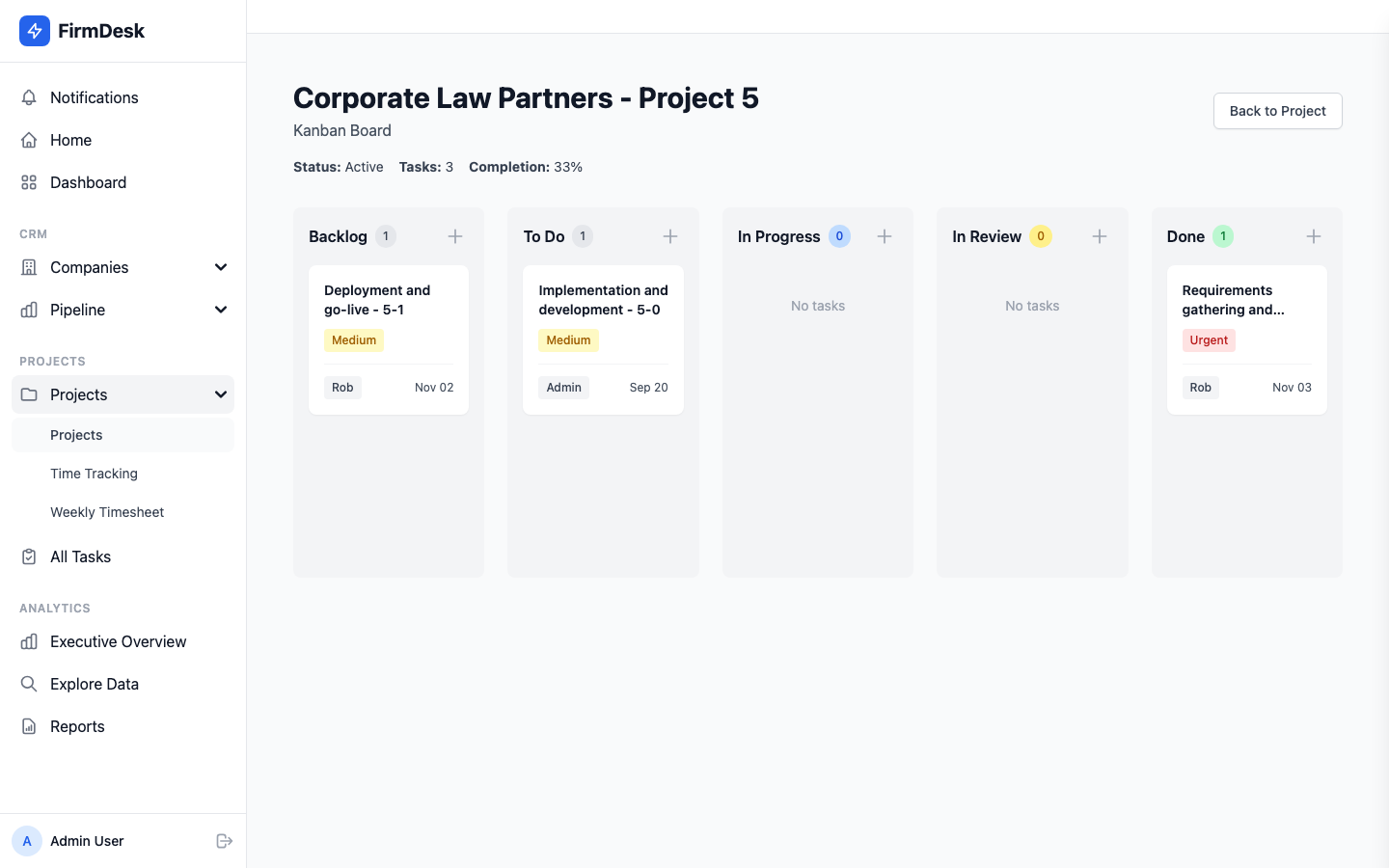 FirmDesk CRM Project Kanban board showing tasks organized by status columns