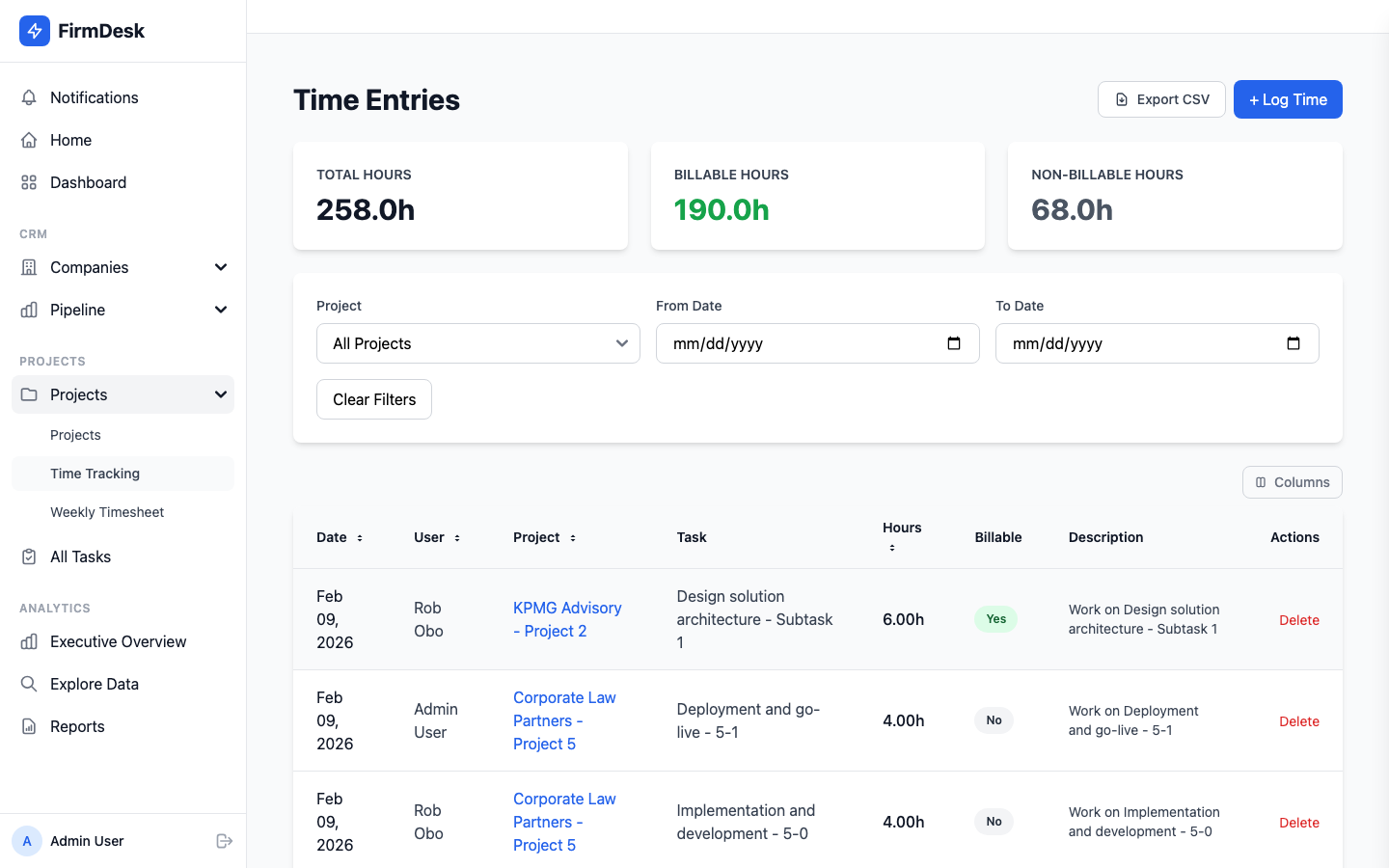 FirmDesk CRM Time Tracking view showing time entries with project, task, and hours